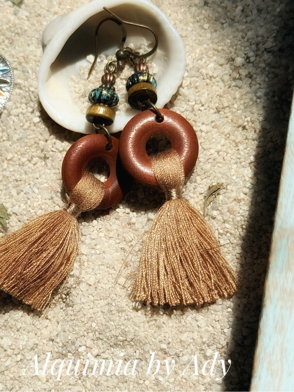 SHOULDER DUSTER bronze and Teal Tassel Filigree Earrings